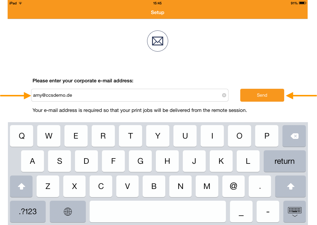 Mobile-Session-Print-App: E-Mail-Adresse eingeben und mit Send bestätigen (Beispiel)