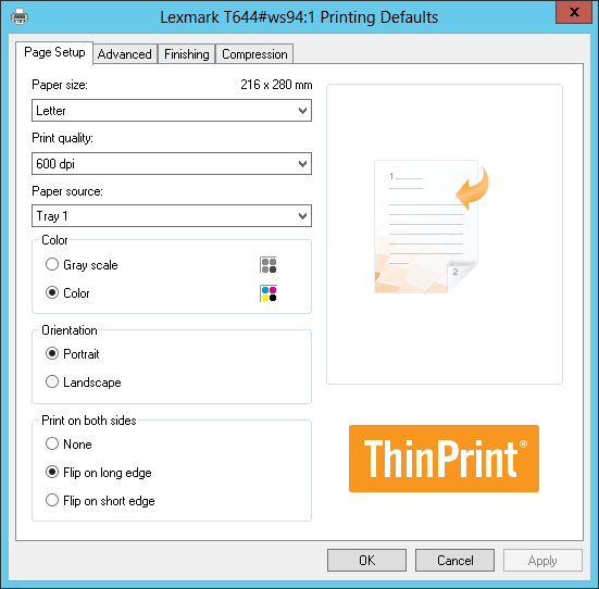 Presetting paper size, print resolution, color, etc., on the server