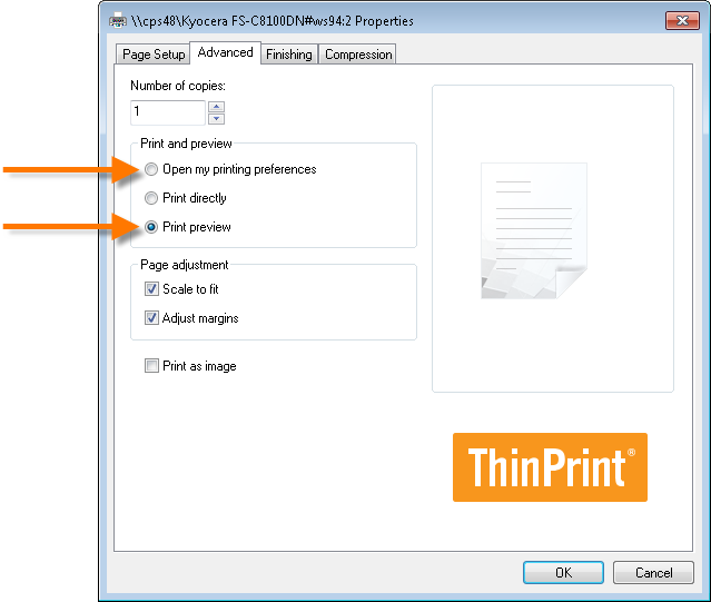 Print mode, scaling and margin adjustment and Print as image in a session