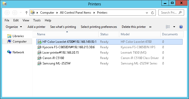 Printers with native drivers on a central print server (example)