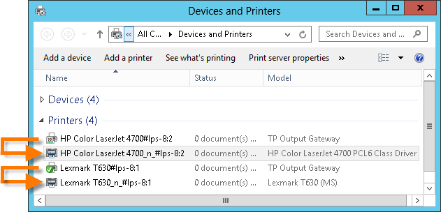 V-Layer printer pairs on the central print server