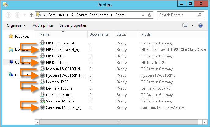 V-Layer printer pairs on the central print server