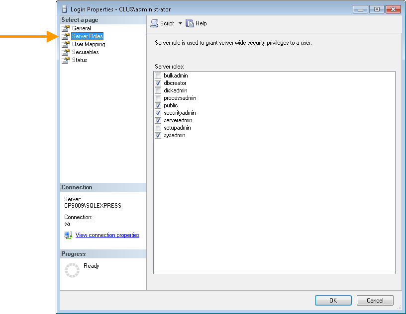 SQL server: server roles for the installation account