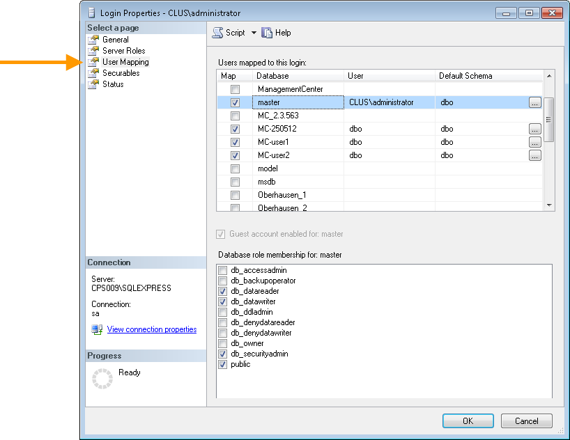 SQL server: database role memberships for the installation account