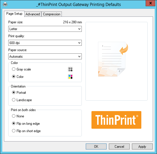 Presetting paper size, print resolution, color, etc., on the server