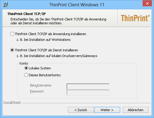 ThinPrint-Client-Installer: TCP/IP-Typ als Windows-Dienst installieren