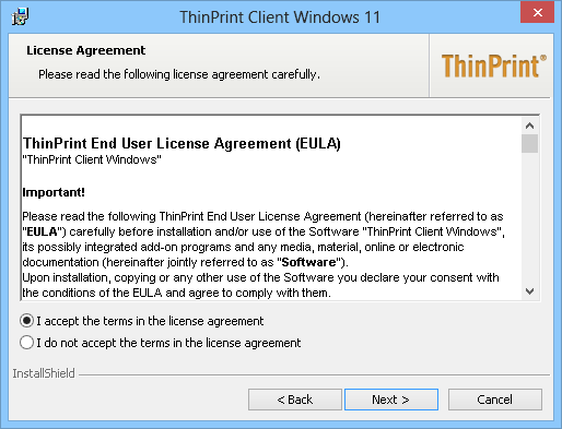 ThinPrint Client installer: license agreement