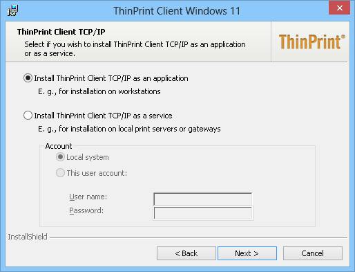 select Install ThinPrint Client TCP/IP as an application 