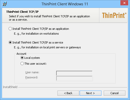 ThinPrint Client installer: choosing TCP/IP type as a Windows service