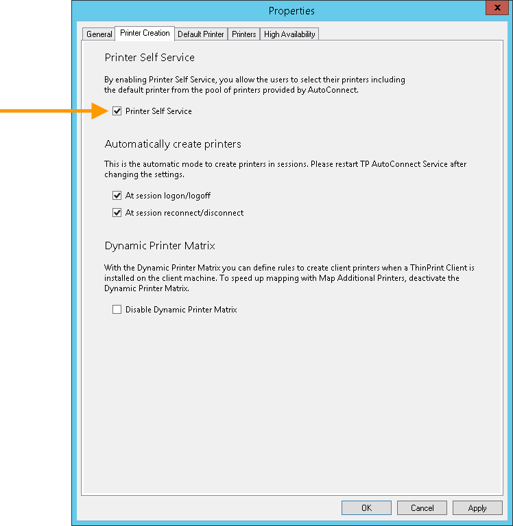  enabling Printer Self Service as an AutoConnect setting
