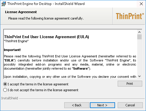 ThinPrint Engine for Desktop: Accept the license agreement
