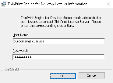 ThinPrint Engine for Desktop: Enter admin credentials for the License Server, if required