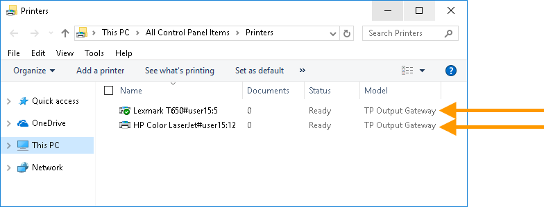 Printers in a session: TP Output Gateway printer driver inherited from a tem­plate (example)