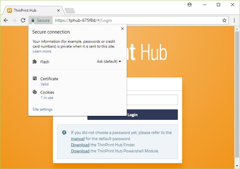 workstation: opening the web interface of the Hub via https (here: using a Chrome browser)