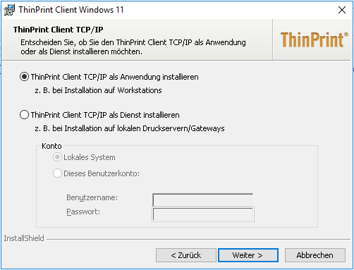 ThinPrint-Client-Installer: TCP/IP-Typ als Anwendung installieren