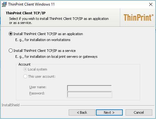 ThinPrint Client installer: choosing TCP/IP type as a Windows application
