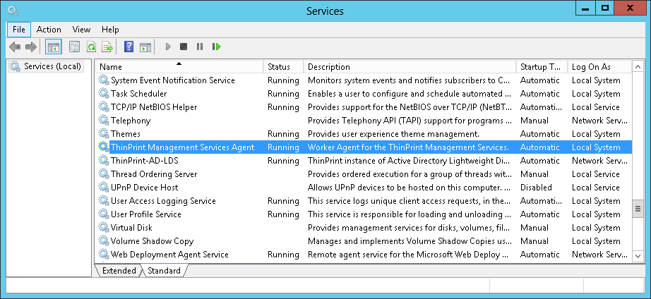 Windows Services folder on a print server: Tpms.Agent installed