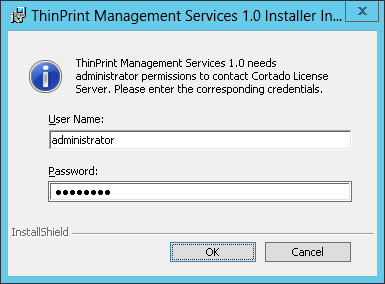 entering admin credentials for the license server, if required
