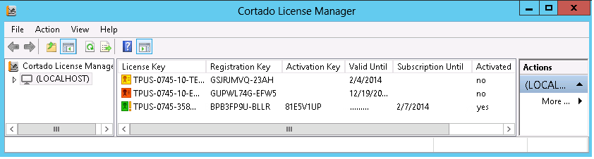  a valid (yellow), an invalid (red) and an activated (green) license in the License Manager