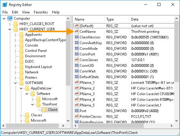 Registry-Eintrag für ThinPrint-Verschlüsselung auf einem Windows-Client (nutzergebunden)