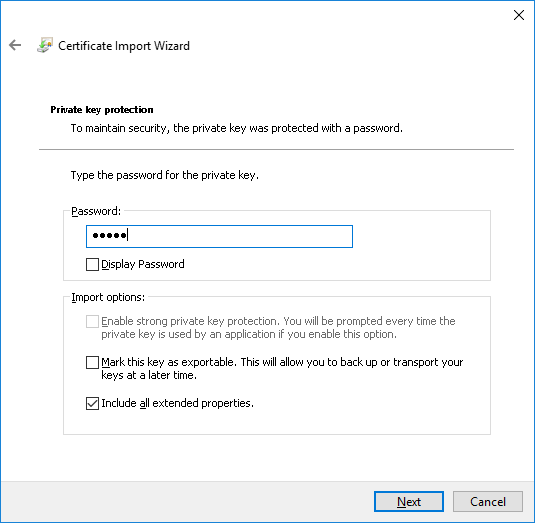 Server-Zertifikat importieren: Passwort für den Schlüssel eingeben