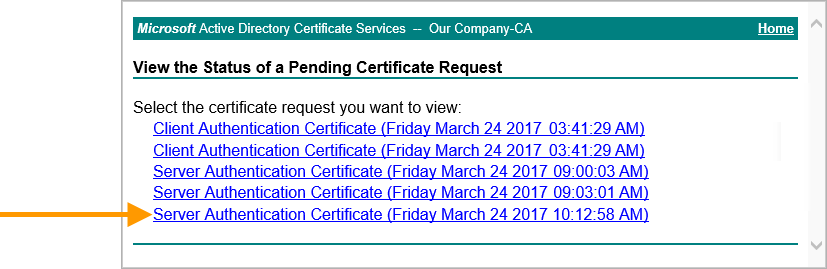 Webinterface auf dem Zertifikatserver: ausgestellte Zertifikate