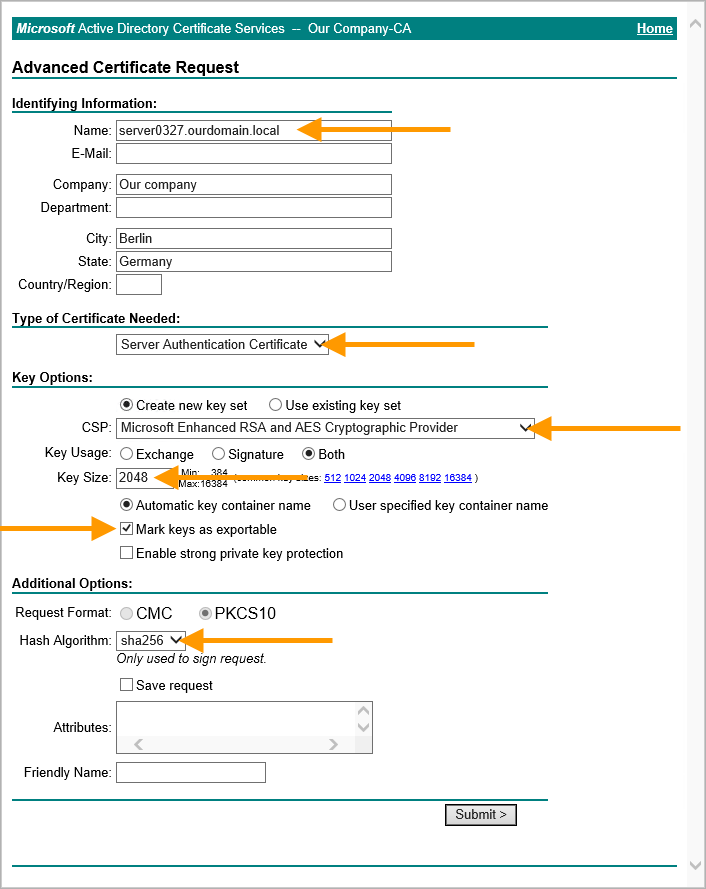 Webinterface auf dem Zertifikatserver: Zertifikat per Formular anfordern