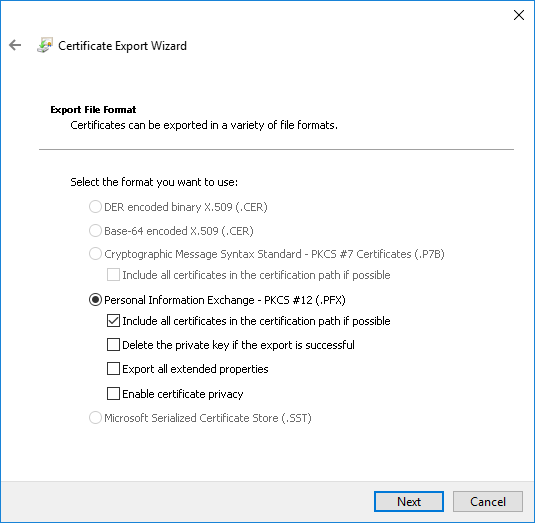 Webserver-Zertifikat exportieren: Dateiformat inkl. Eigenschaften