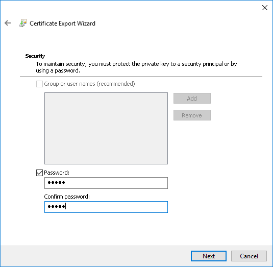 Webserver-Zertifikat exportieren: Passwort für den Schlüssel festlegen