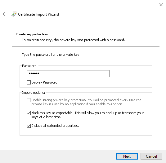 Webserver-Zertifikat importieren: Passwort für den Schlüssel eingeben