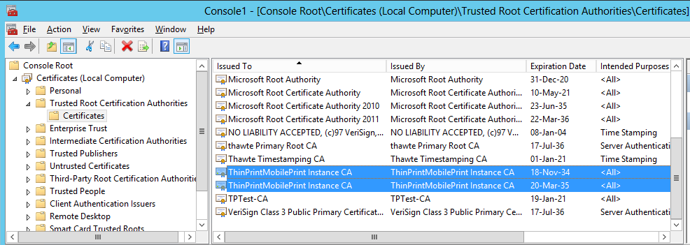 Windows Server 2012 or later: Mobile Session Print certificates to be removed