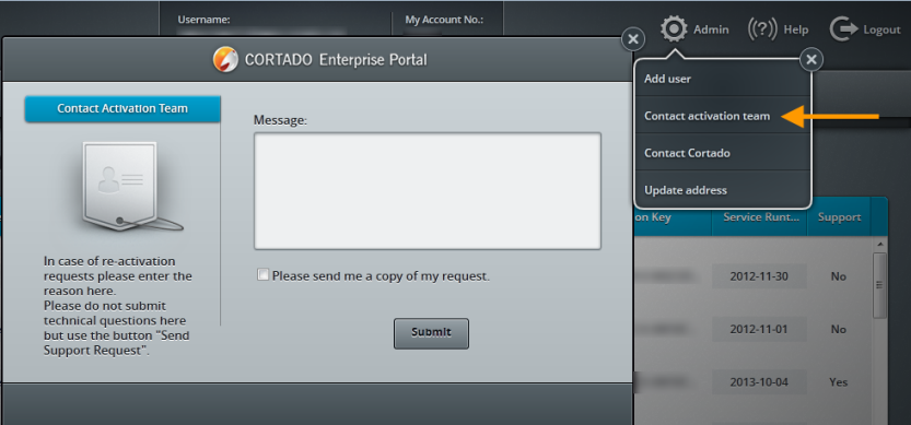  Cortado Enterprise Portal – send re-activation request
