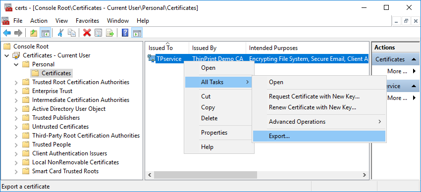 member server: exporting the user certificate for the Hub