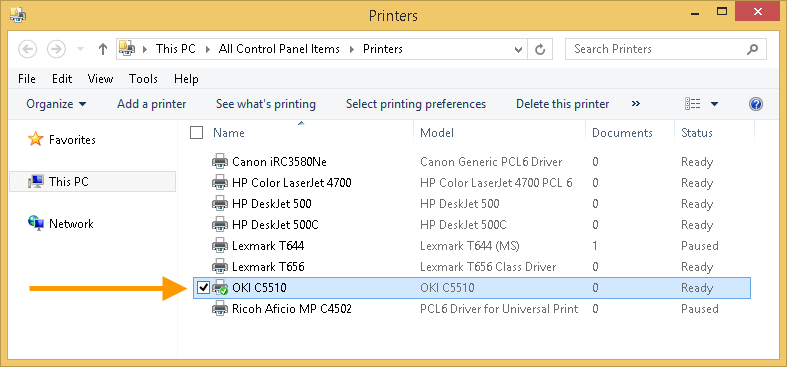 Changing Windows default printer; new default printer: OKI C5510 (example)