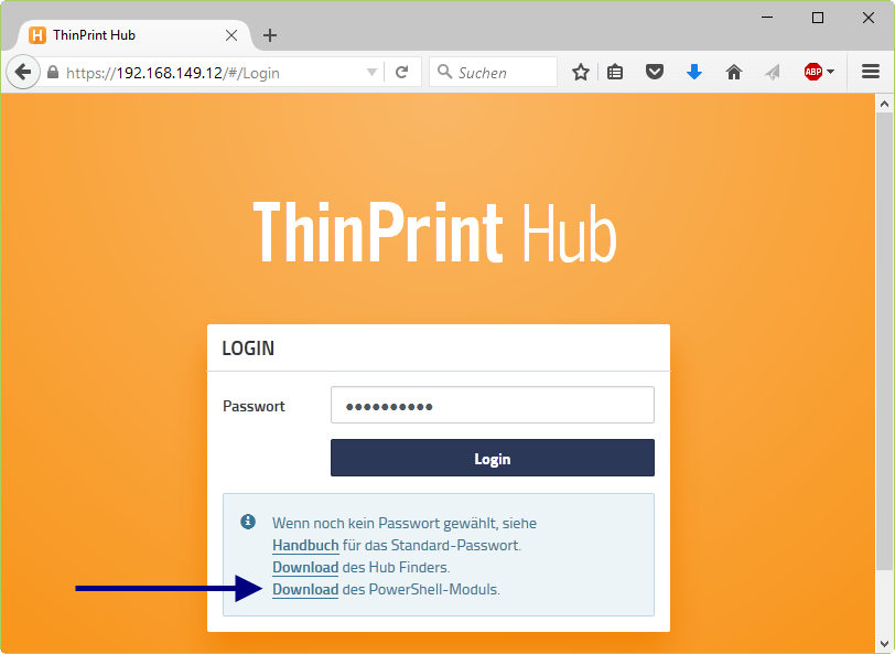  Login-Seite der Webkonsole: PowerShell-Modul des ThinPrint Hubs herunter­laden