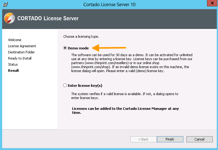  select Demo Mode (example for License Server)