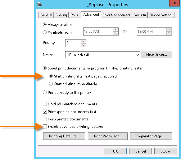 Recommended settings for client-side LPD printing on the server