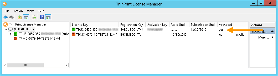 Aktivierter Lizenzschlüssel im ThinPrint License Manager