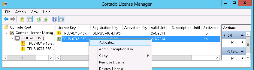  License Manager: entering an activation key for a specific license key 
