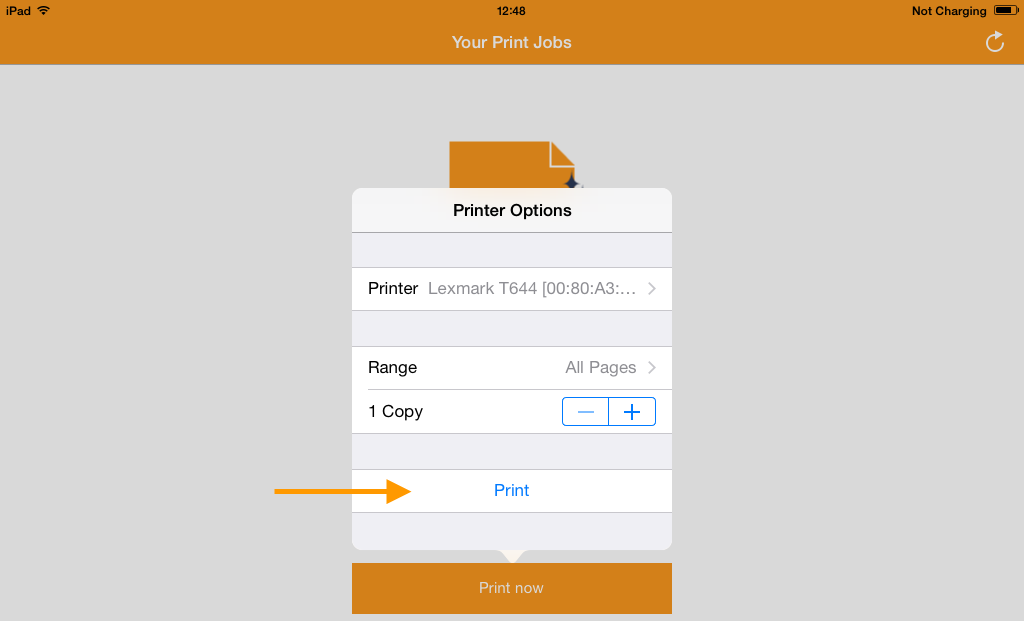 AirPrint menu: tap Print when printer is selected