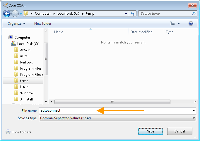 Management Center: specifying the CSV file name