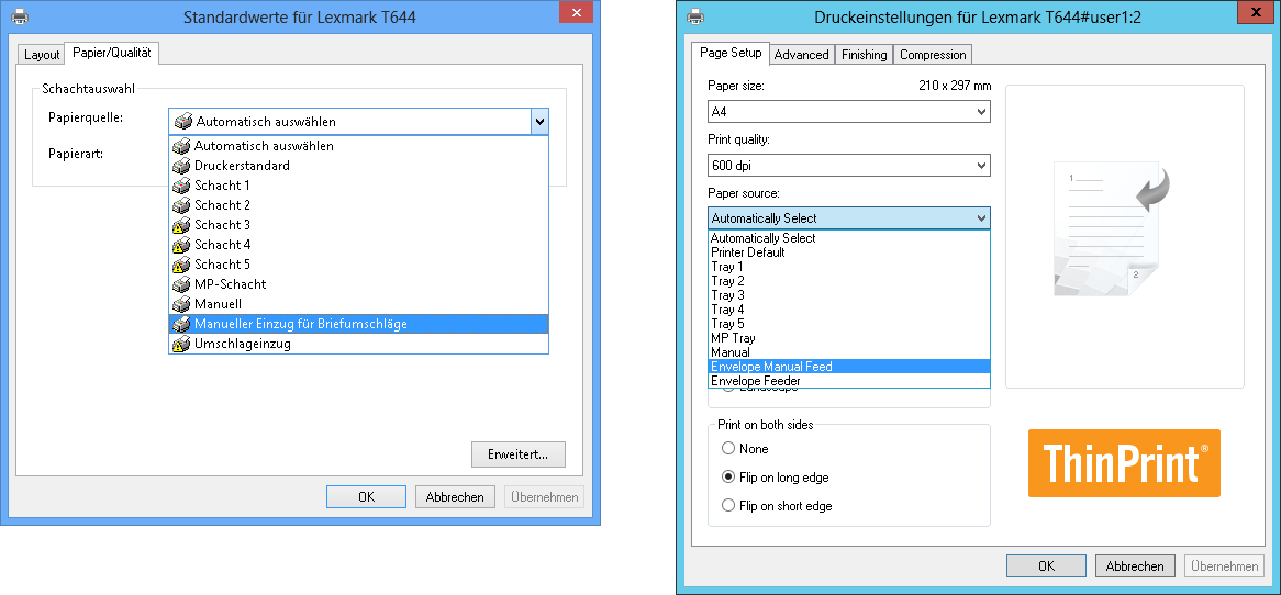 Anzeige der Papierquellen im User-Interface eines nativen Treibers (links) und im Output-Gateway-Interface (rechts)