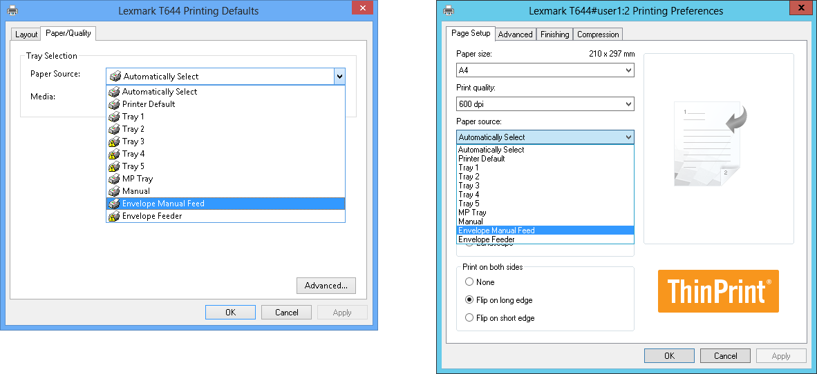 Display of paper sources in a native driver’s user interface (left) and in the Output Gateway interface (right)