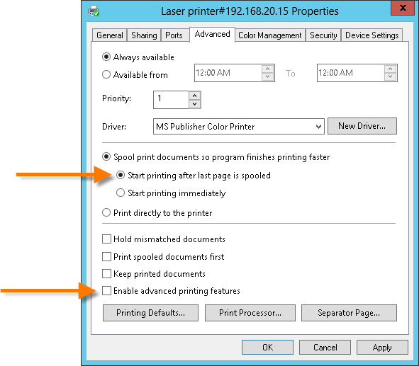 Recommended settings on the server for client-side LPD printing