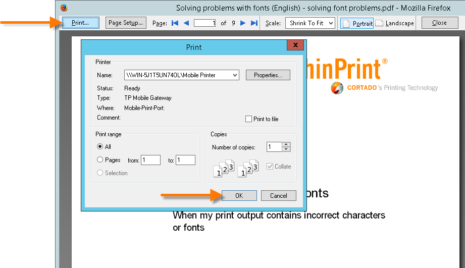 Remote desktop: sending print job to Mobile Printer 