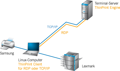 Einsatz von ThinPrint mit Server- und Client-Komponenten (Beispiel)