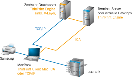 Einsatz von ThinPrint mit Server- und Client-Komponenten (Beispiel)