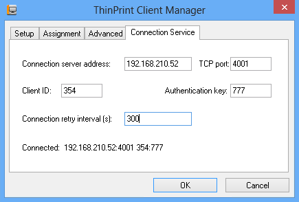 ThinPrint Client Manager started; Connection Service tab