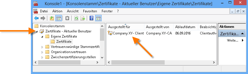 Zertifikat auf dem Client-Rechner importiert (Beispiel für Eigene s Benutzer­konto resp. Aktueller Benutzer)