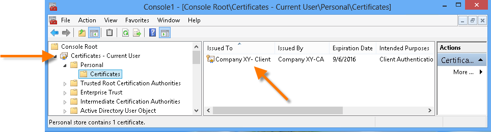 Certificate imported to a client machine (example for Current User/Per­sonal)